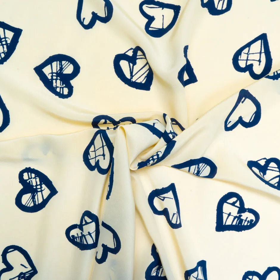 Blue Heart Printed Cream Silk Crêpe de Chine