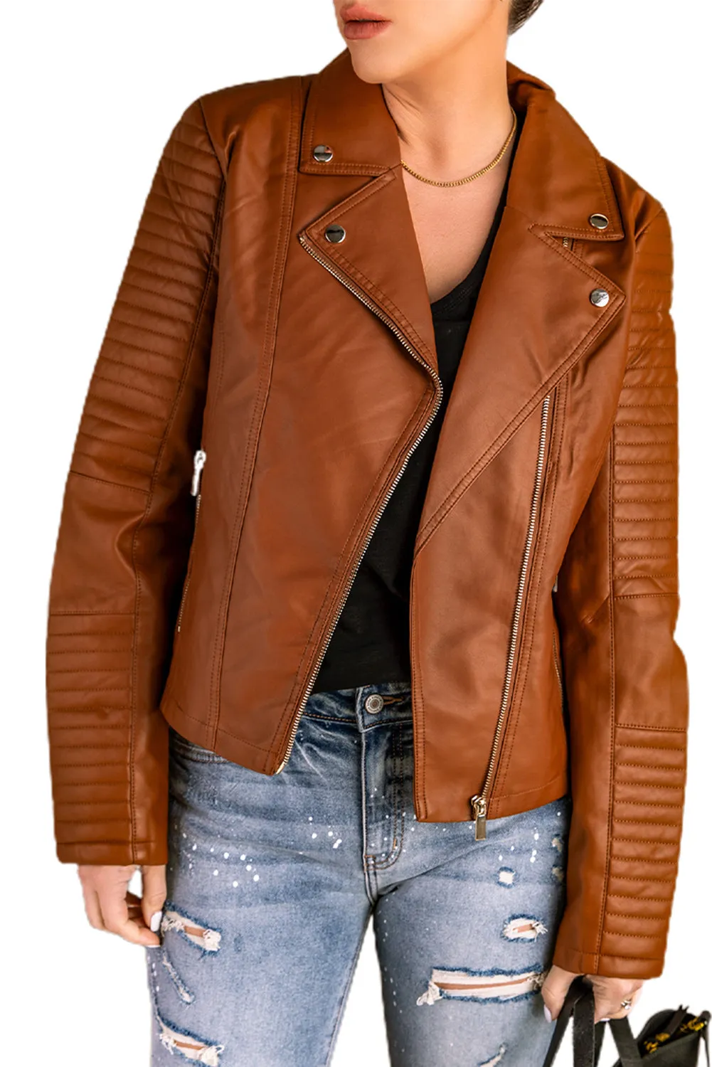 Brown Ribbed Seam Detail Faux Leather Zipped Motorcycle Jacket