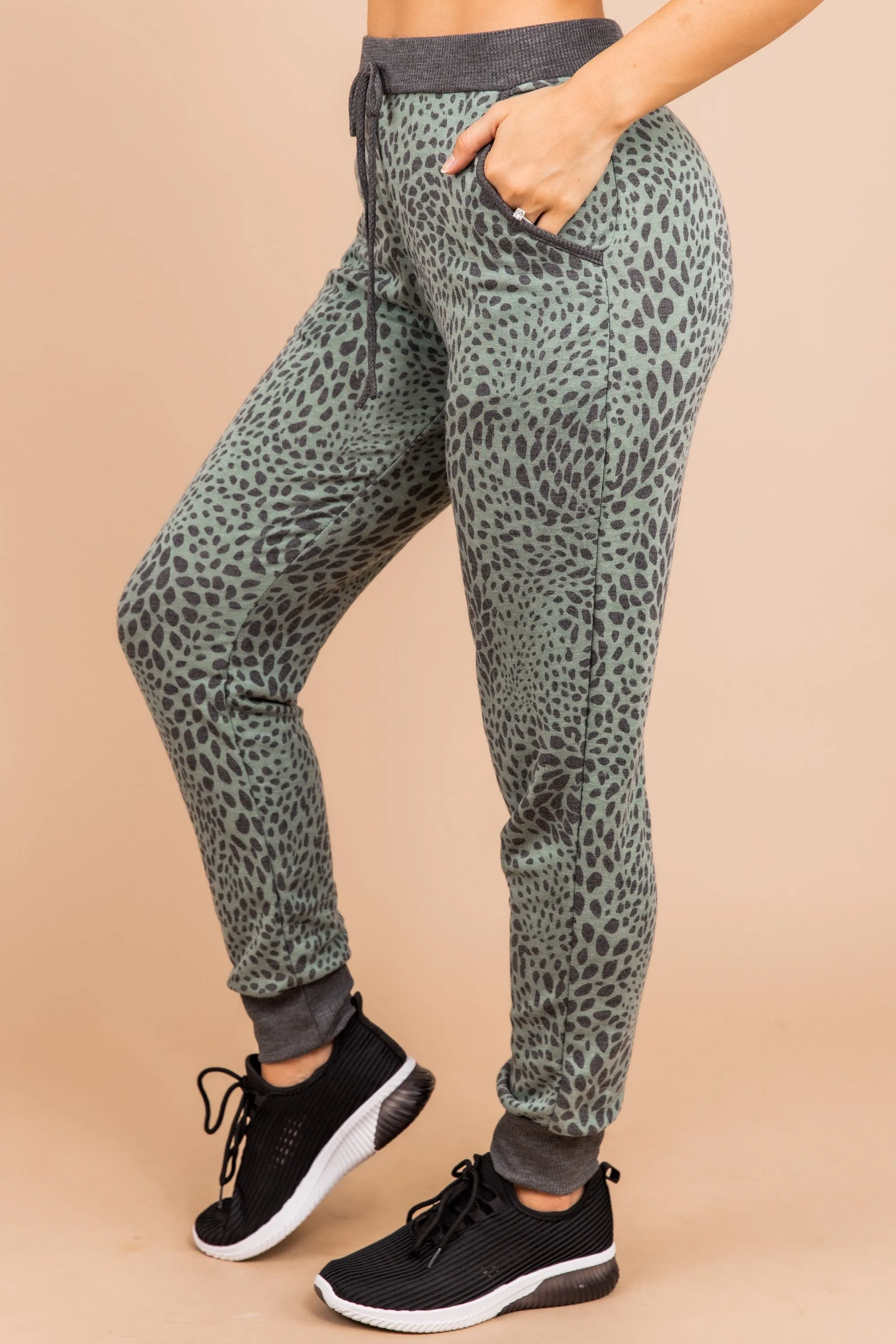 Can't Tame Me Olive Green Leopard Joggers