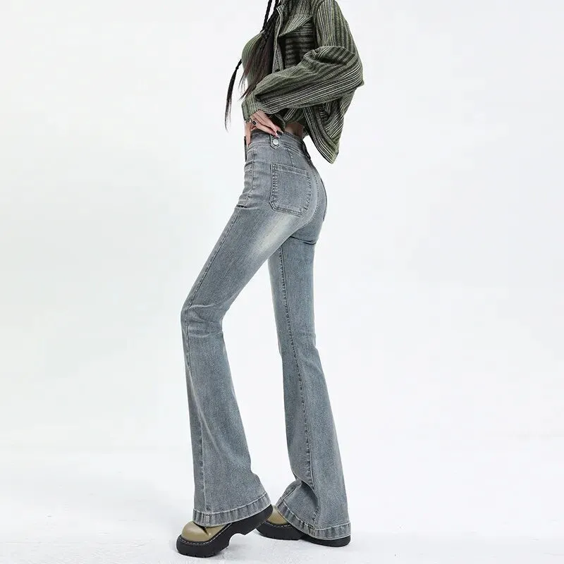 Flared Jeans Woman Vintage High Waist Slim Stretch Denim*