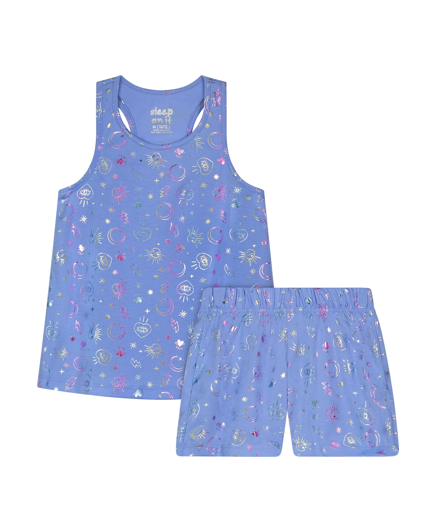 Girls Blue Celestial 2-Piece Tank Pajama Shorts Sleep Set