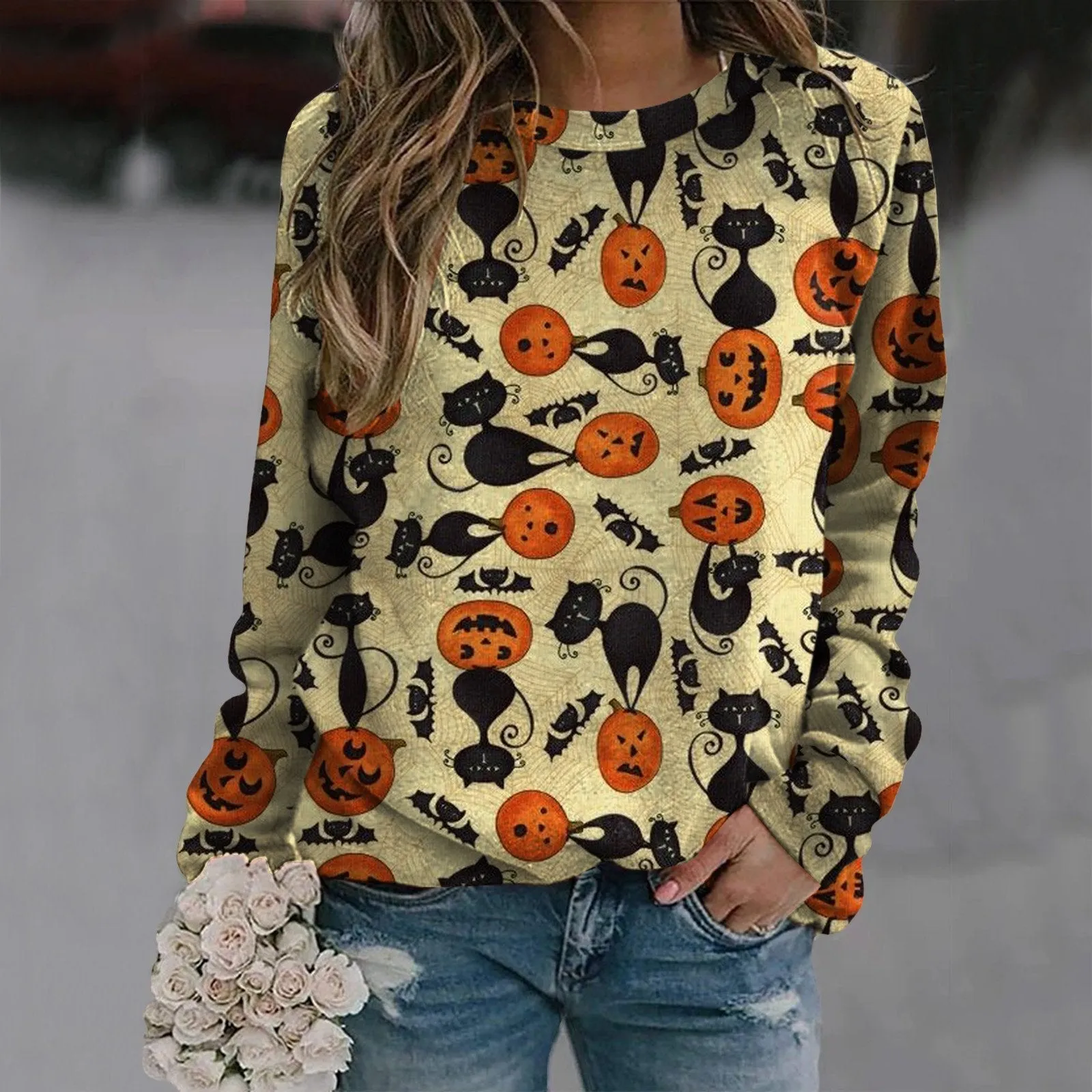 Halloween Crew Neck Sweatshirt Long Sleeve Ladies Printed T-shirt