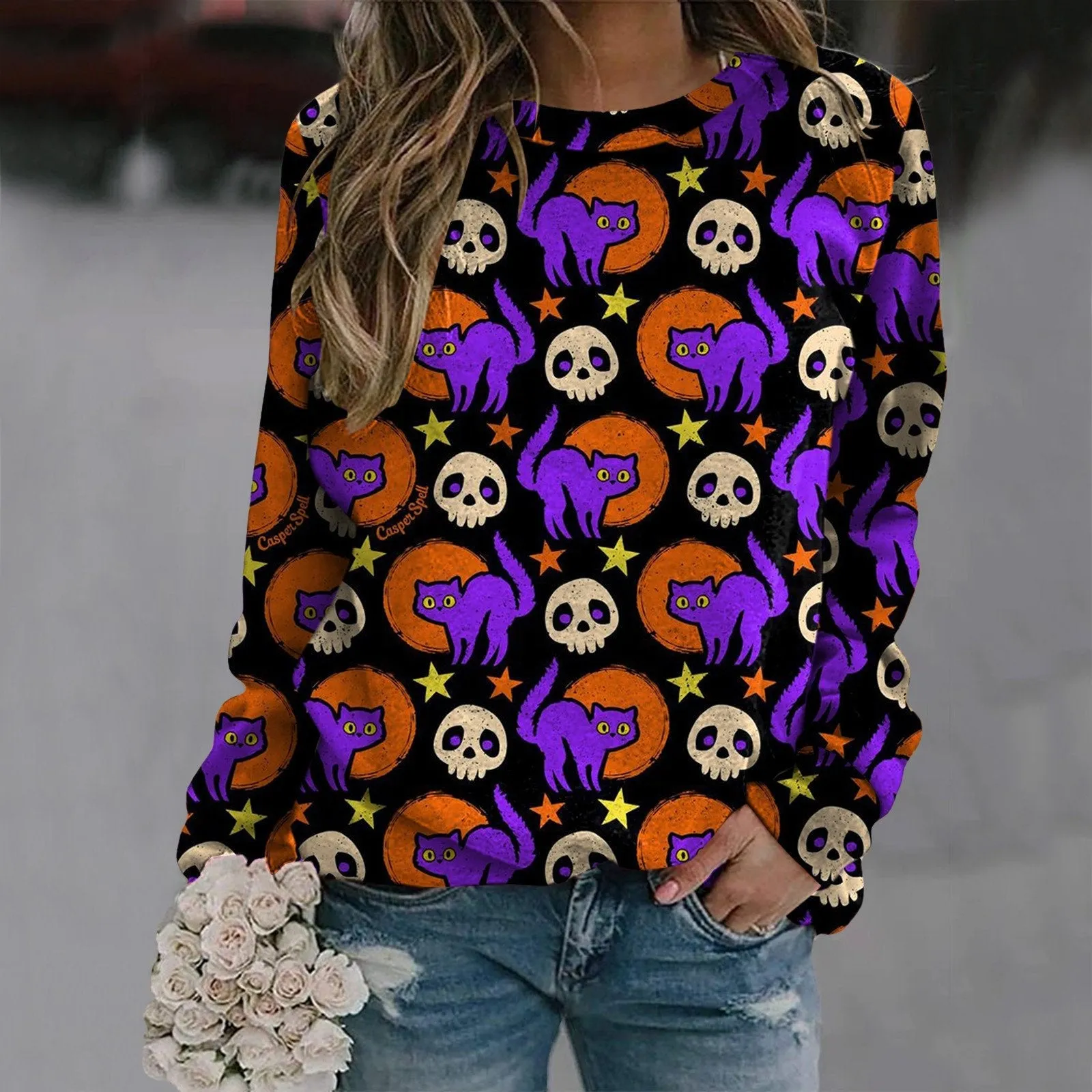 Halloween Crew Neck Sweatshirt Long Sleeve Ladies Printed T-shirt