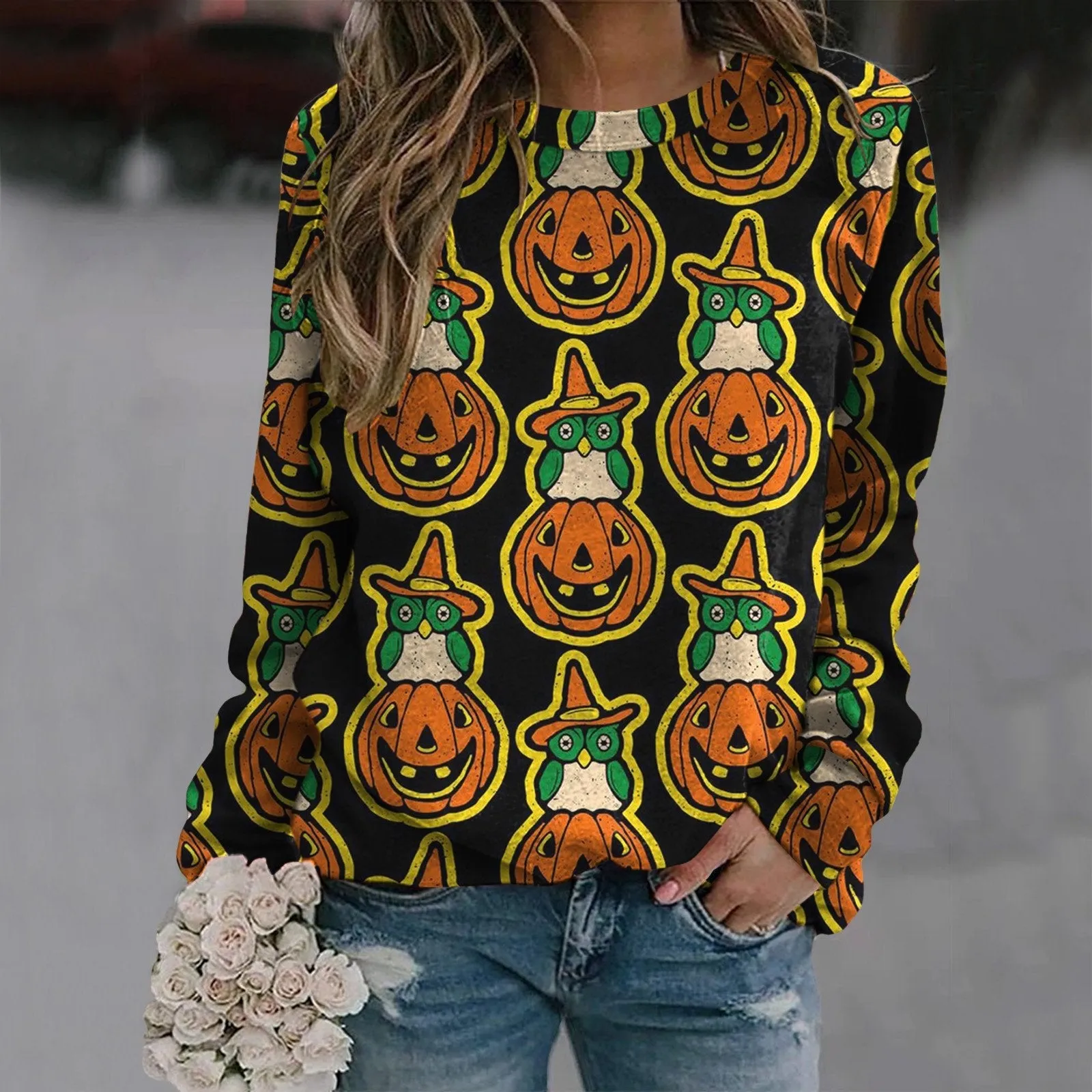 Halloween Crew Neck Sweatshirt Long Sleeve Ladies Printed T-shirt