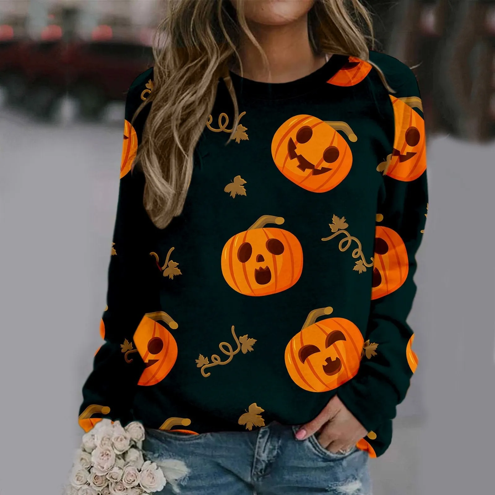 Halloween pumpkin crew neck print long sleeve sweatshirt women