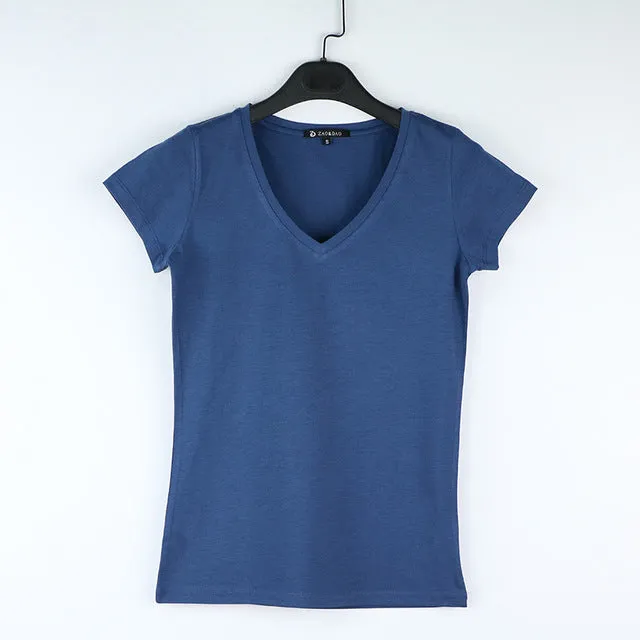 High Quality V-Neck 15 Candy Color Cotton Basic T-shirt Women Plain Simple T Shirt For Women Short Sleeve Female Tops 077