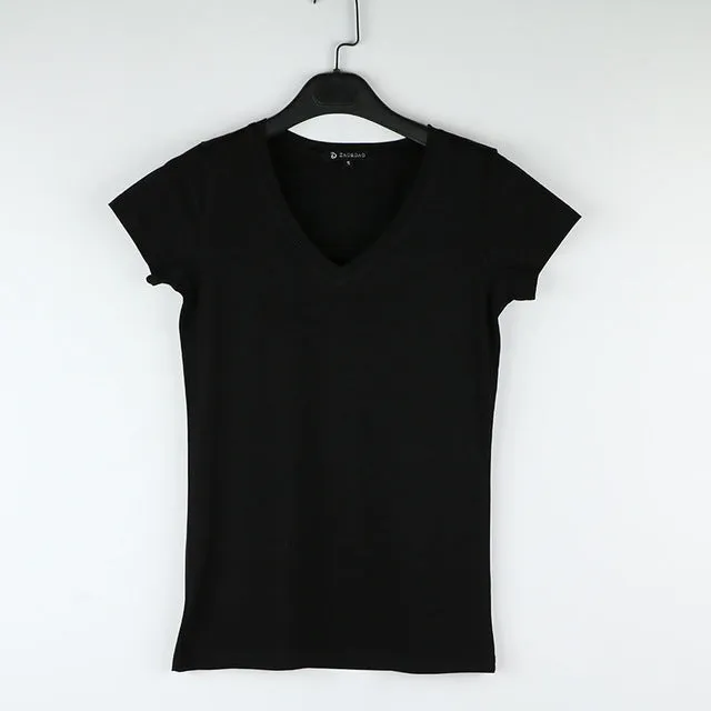 High Quality V-Neck 15 Candy Color Cotton Basic T-shirt Women Plain Simple T Shirt For Women Short Sleeve Female Tops 077