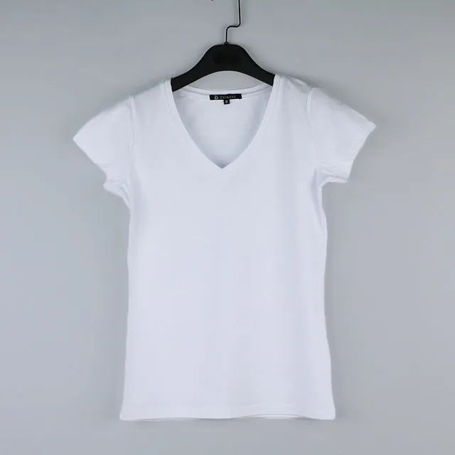 High Quality V-Neck 15 Candy Color Cotton Basic T-shirt Women Plain Simple T Shirt For Women Short Sleeve Female Tops 077