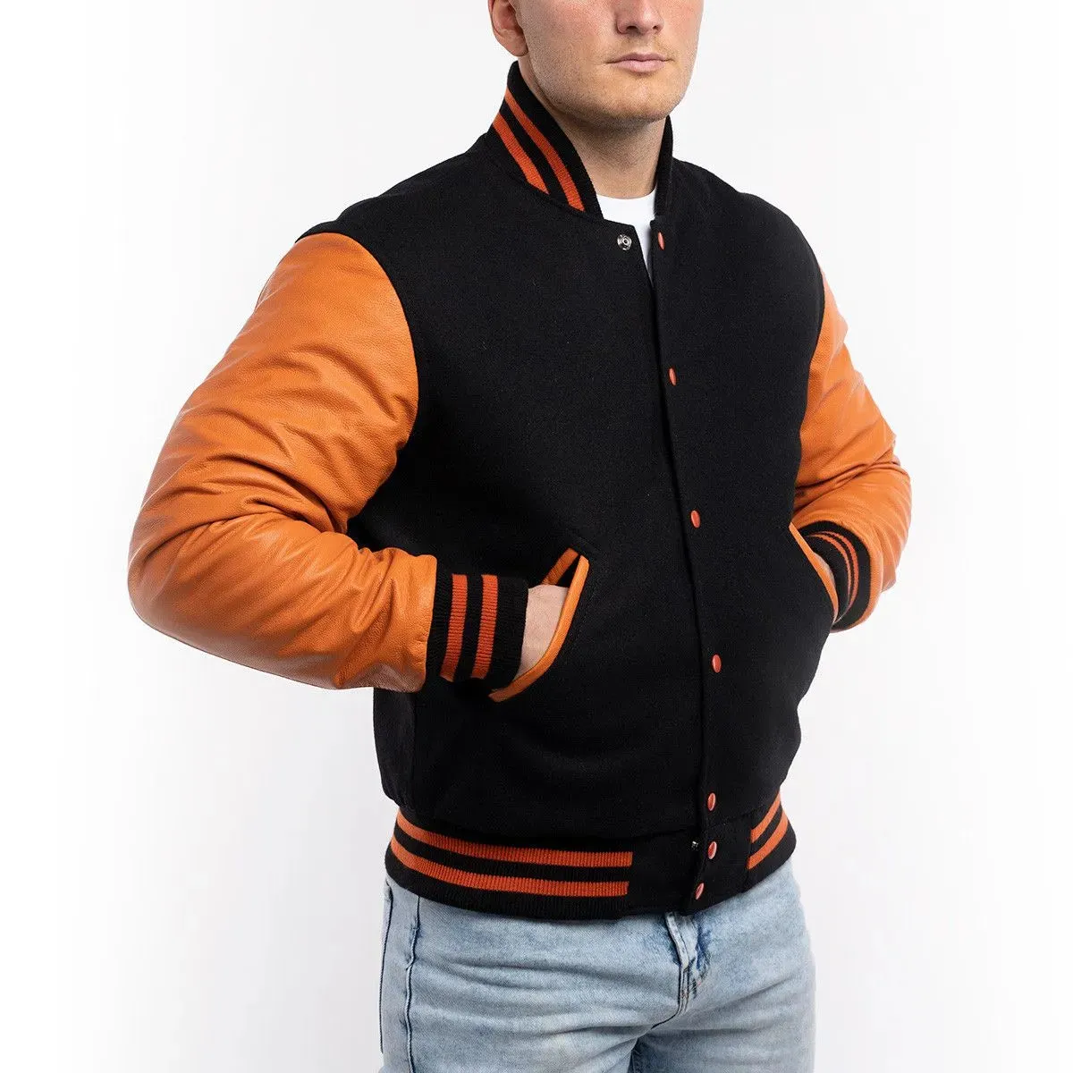 Mens Black And Orange Leather Varsity Jacket