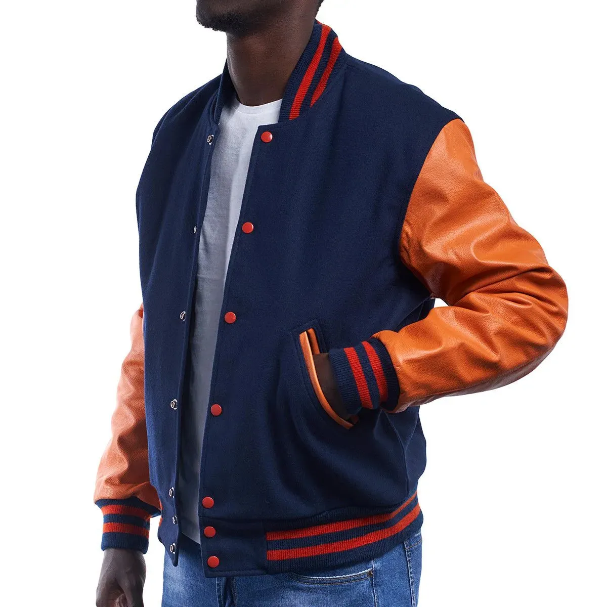 Mens Navy Blue And Orange Leather Varsity Jacket