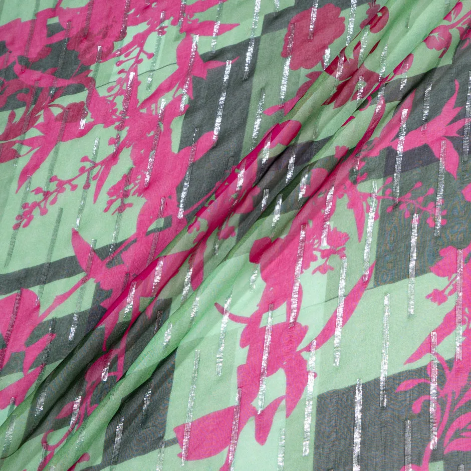 Olive Green & Magenta Pink Floral Silk Georgette