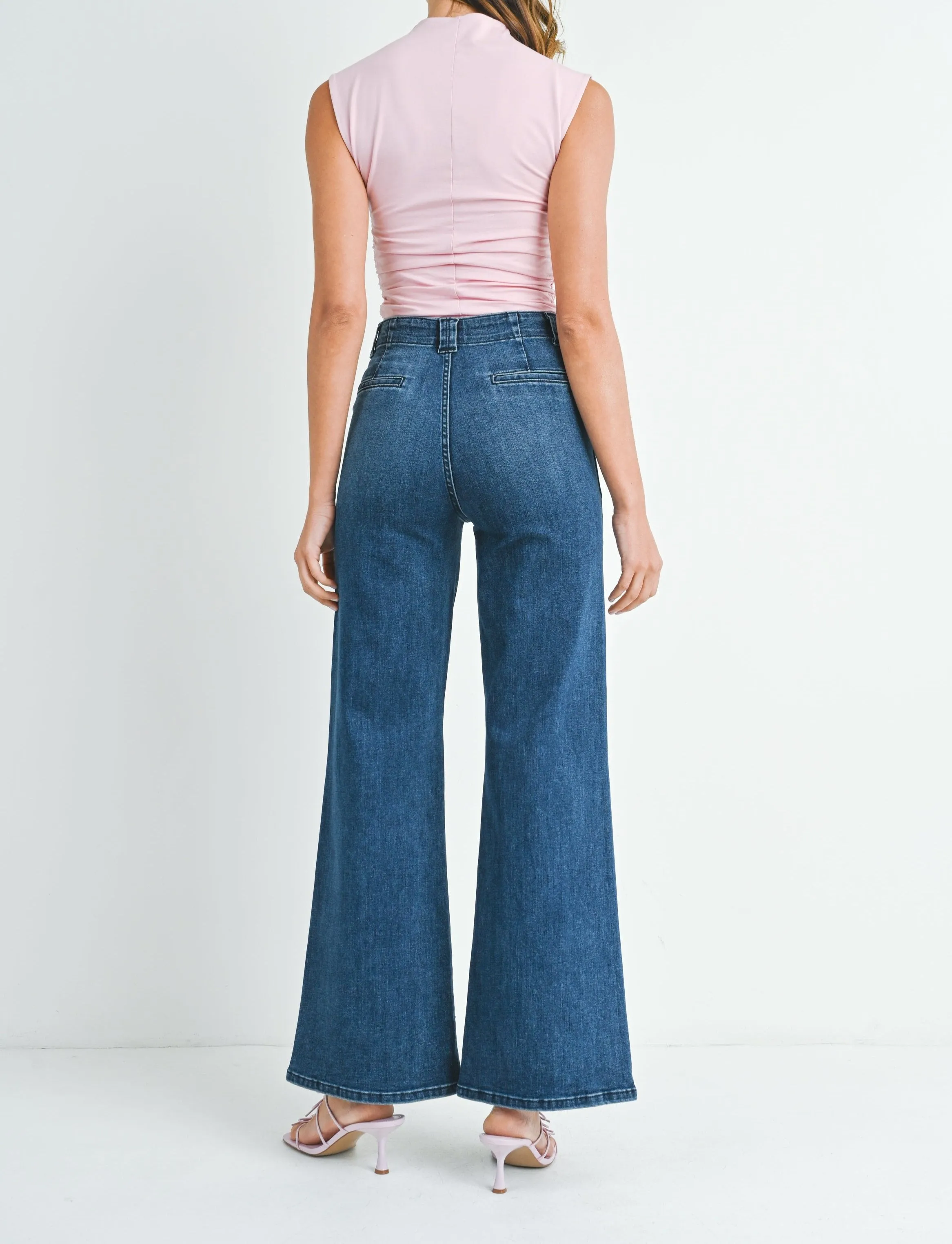 Patch Pocket High Waisted Wide Leg Flare in Dark Denim JBD