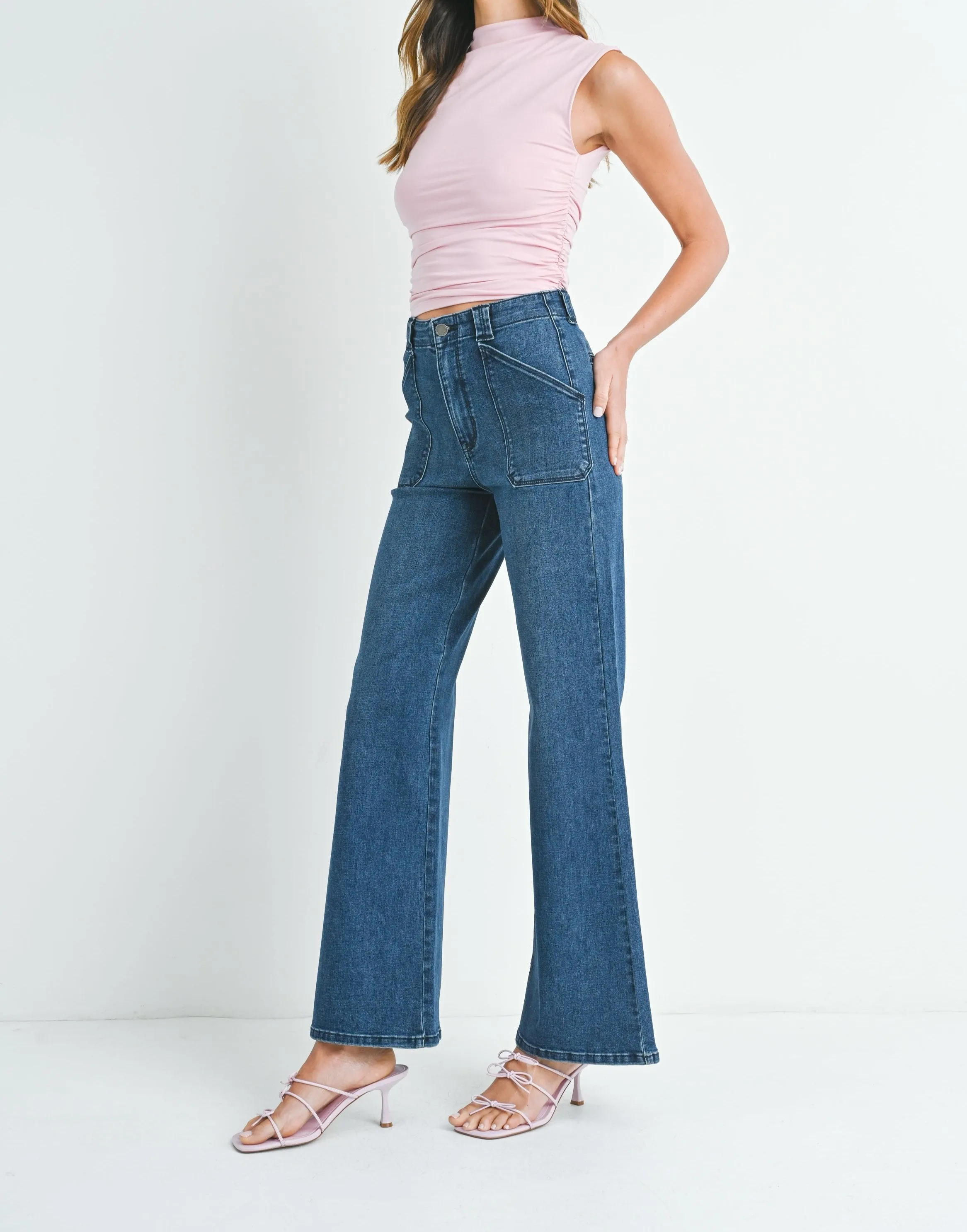 Patch Pocket High Waisted Wide Leg Flare in Dark Denim JBD