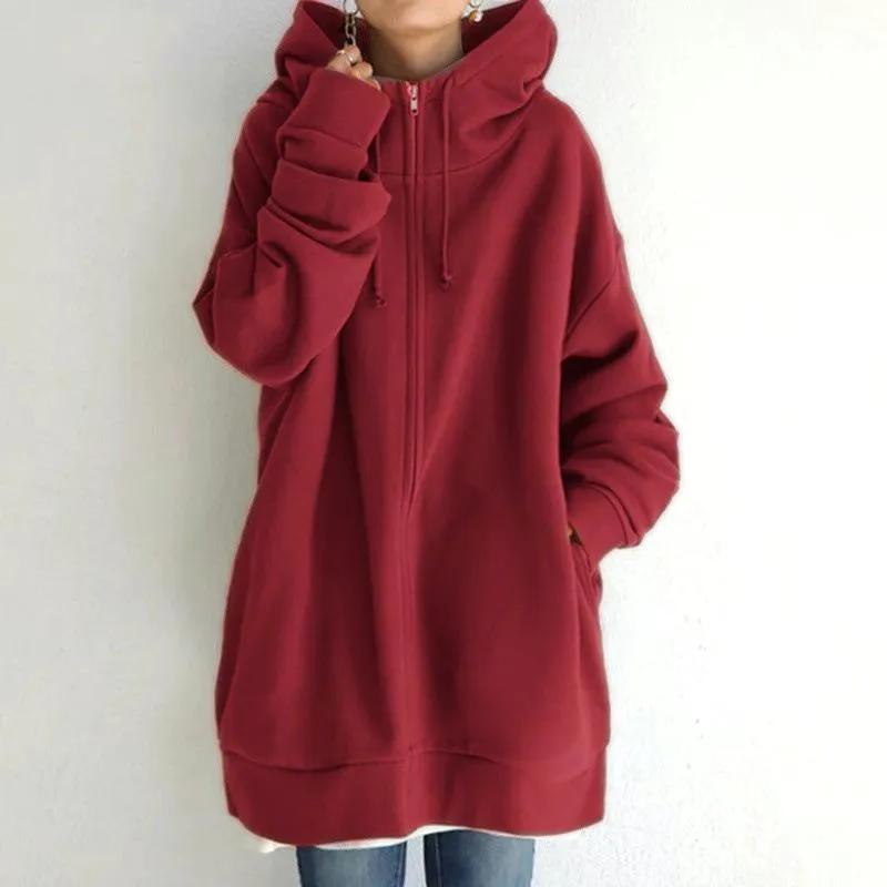 Personalized street sweater zipper hood long plus velvet sweater