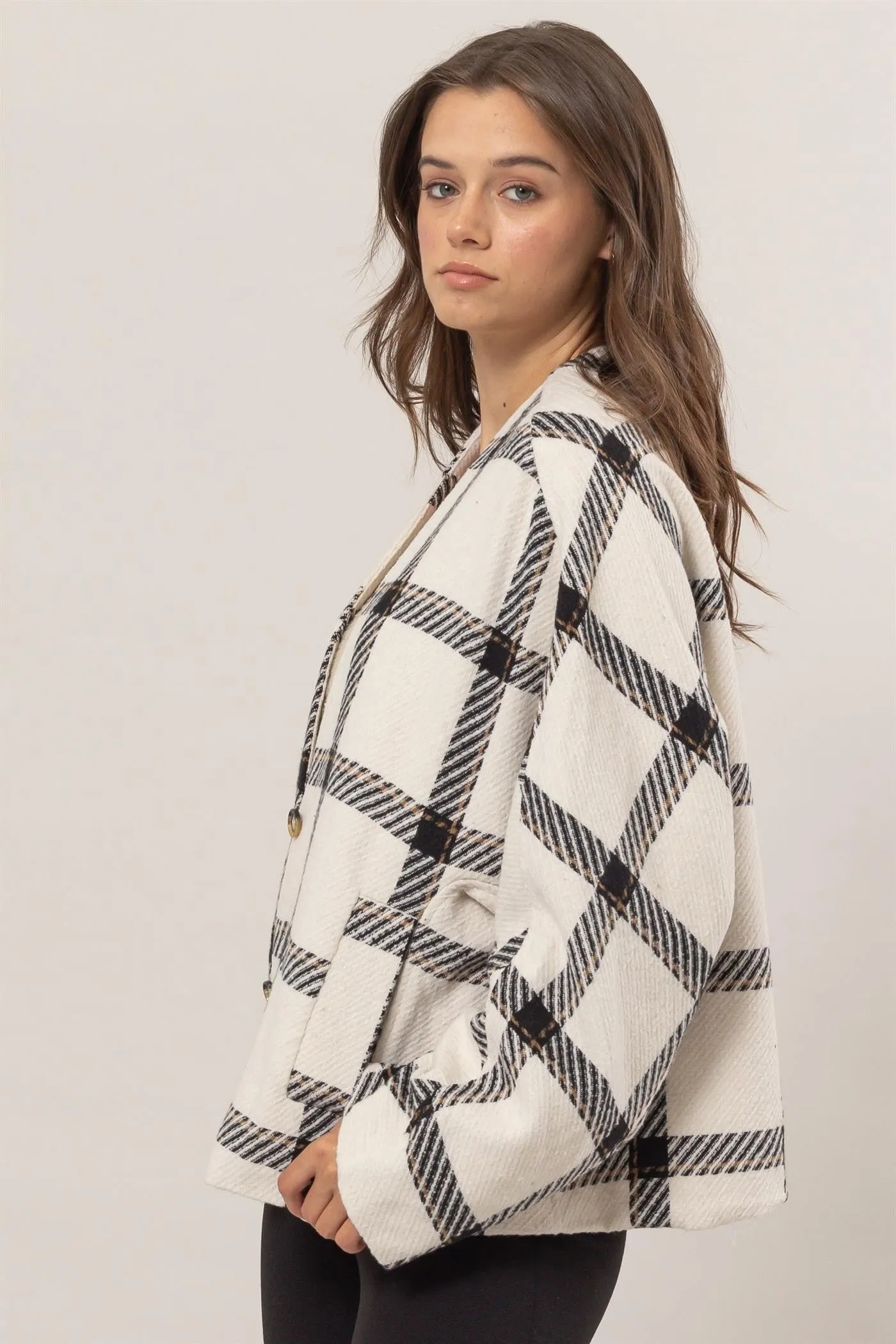 Plaid Long Sleeve Jacket with Side Slit Pockets