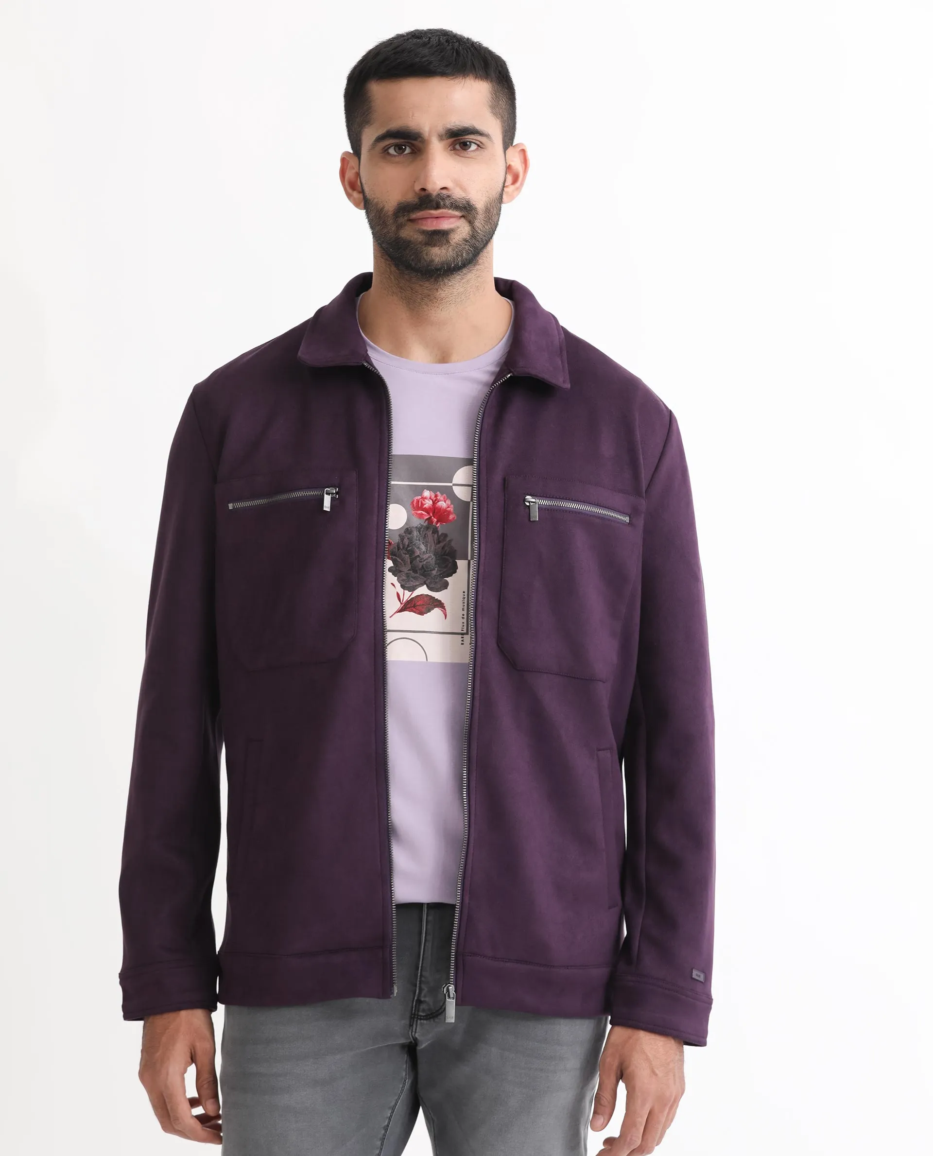 Rare Rabbit Men's Bax Purple Suede Full Sleeves Zipper Closure Spread Collar Boxy Fit Solid Jacket