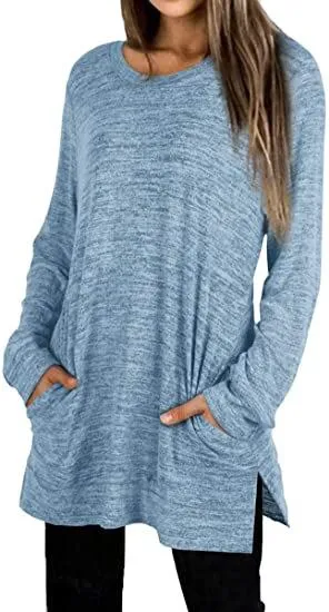 Round neck long sleeve pocket loose mid-length split sweater