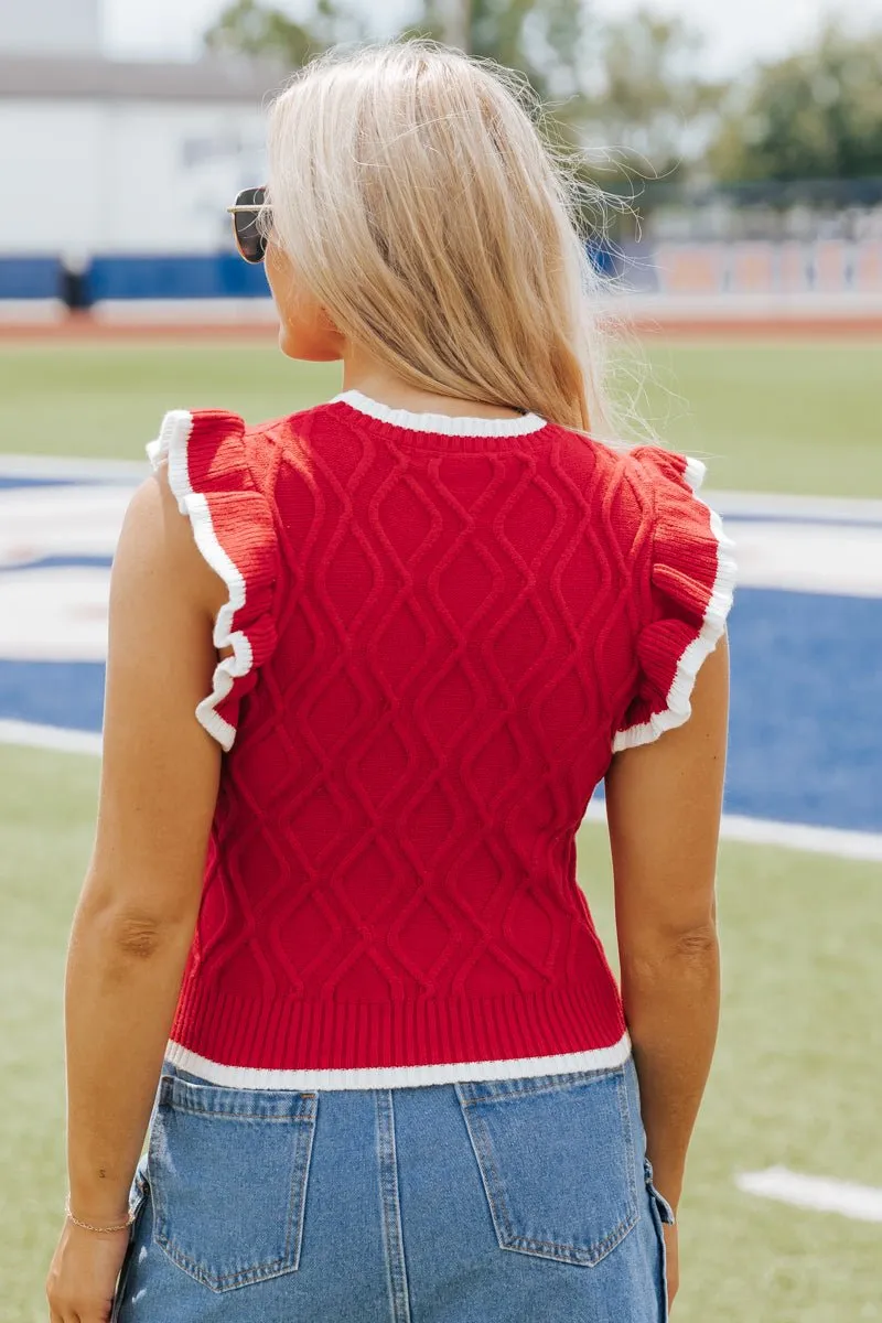 Ruffled Cable Knit Sweater - Red - FINAL SALE