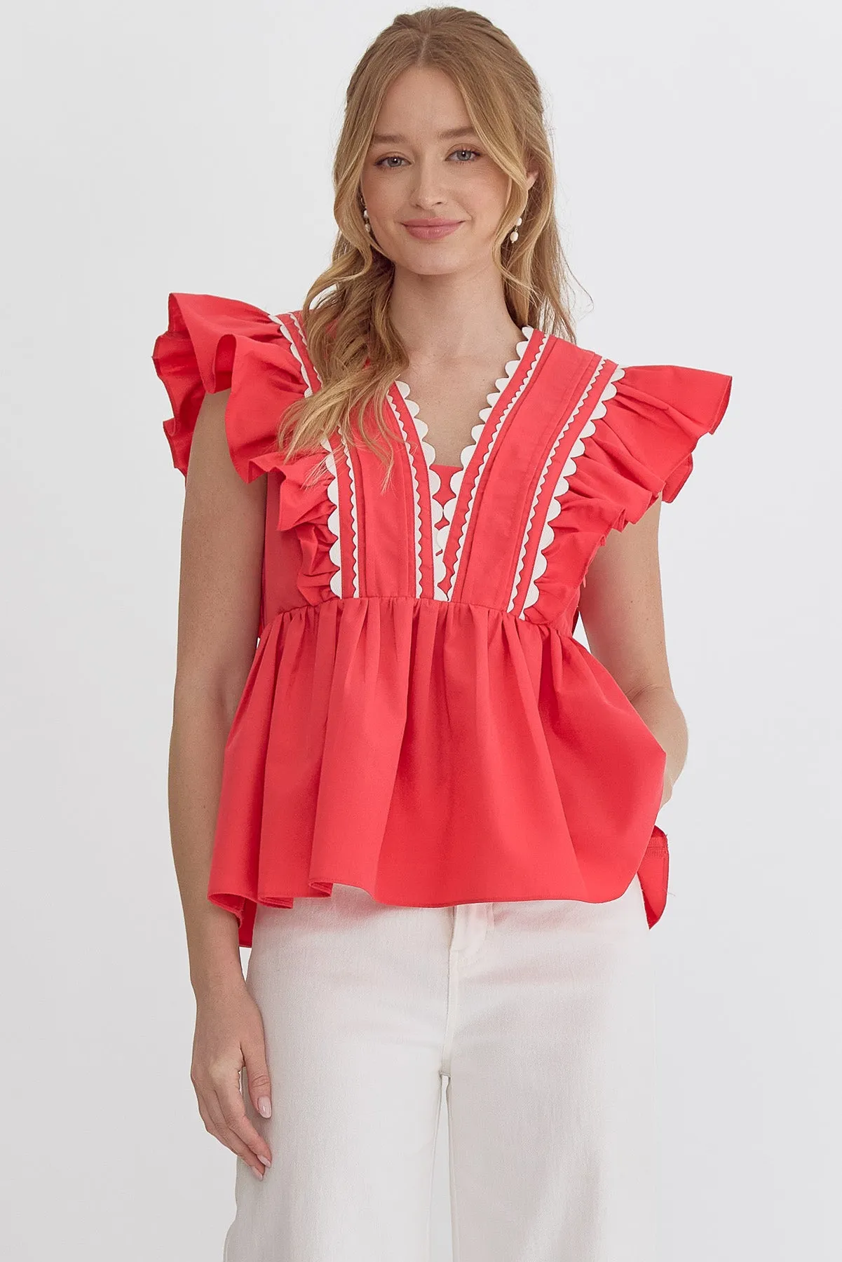 Solid Ruffled Sleeve V-Neck Top