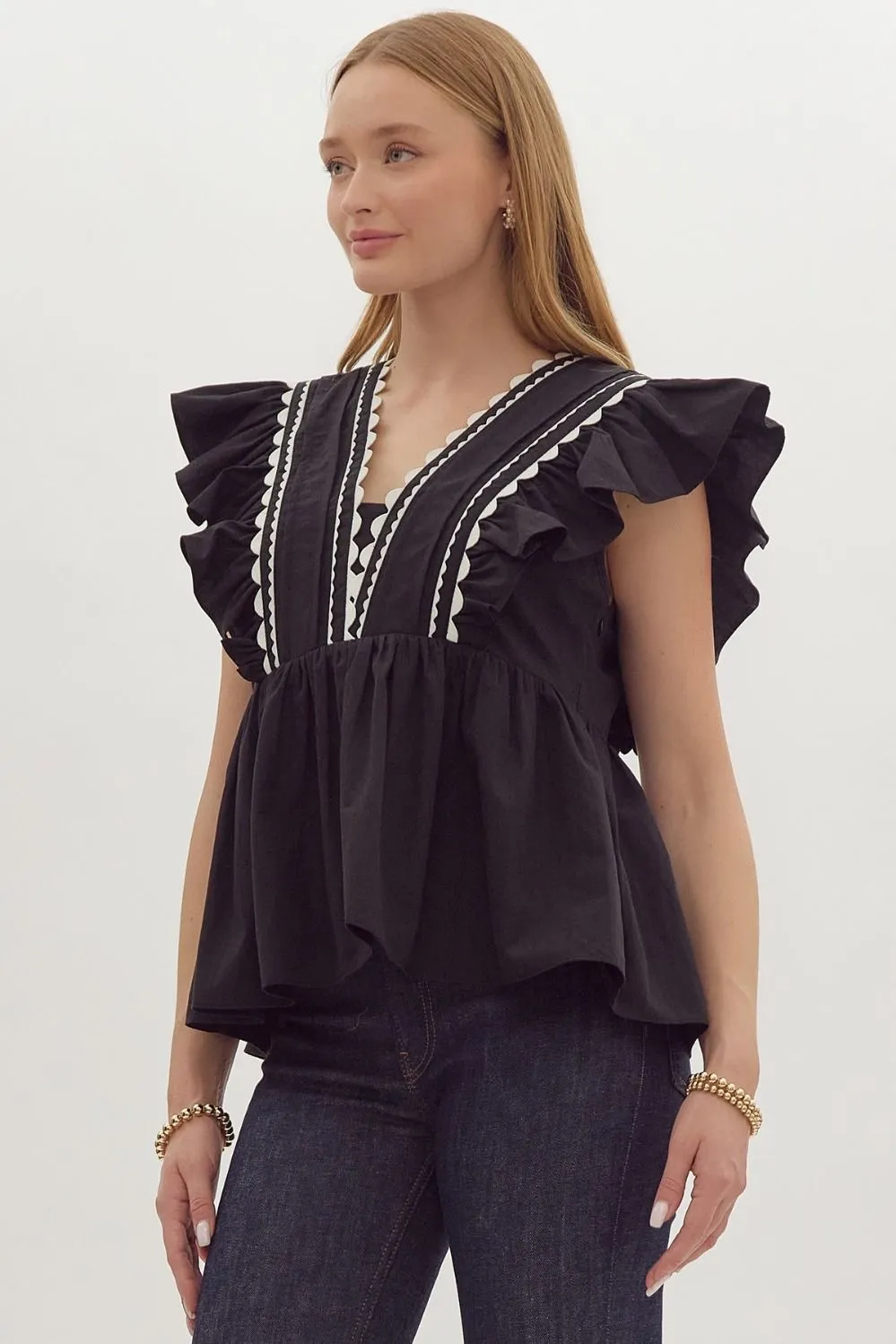 Solid Ruffled Sleeve V-Neck Top