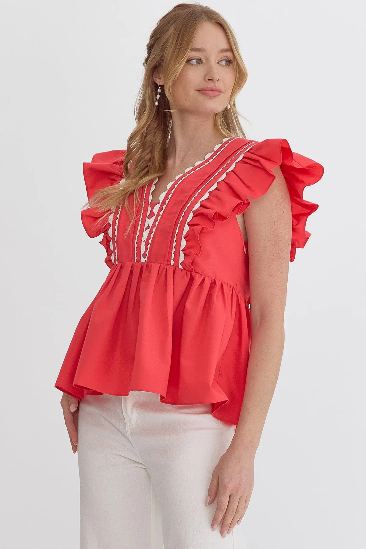 Solid Ruffled Sleeve V-Neck Top