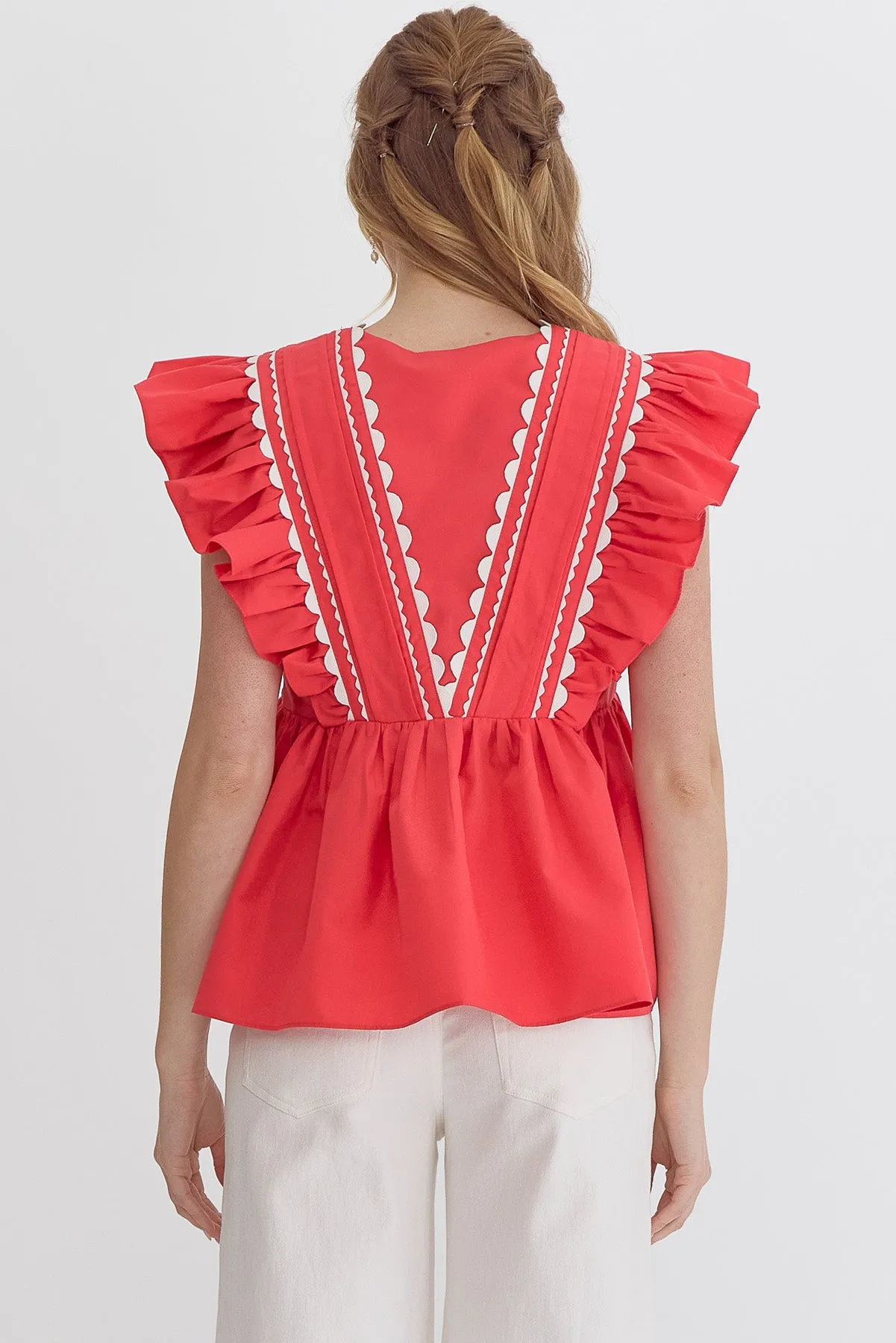 Solid Ruffled Sleeve V-Neck Top