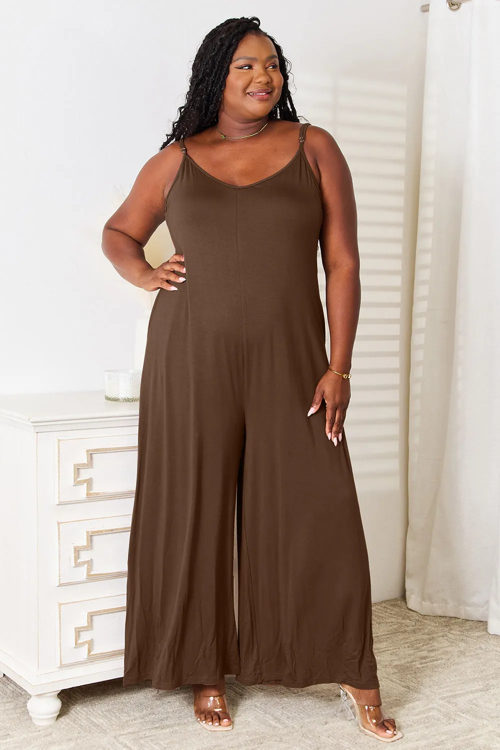 Strap & Style: Effortlessly Elegant Wide-Leg Jumpsuit, Full Size Soft Rayon Spaghetti Strap Tied Wide Leg Jumpsuit