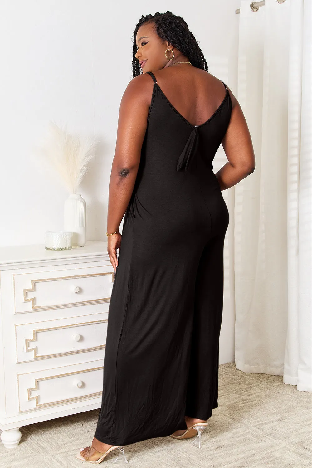 Strap & Style: Effortlessly Elegant Wide-Leg Jumpsuit, Full Size Soft Rayon Spaghetti Strap Tied Wide Leg Jumpsuit