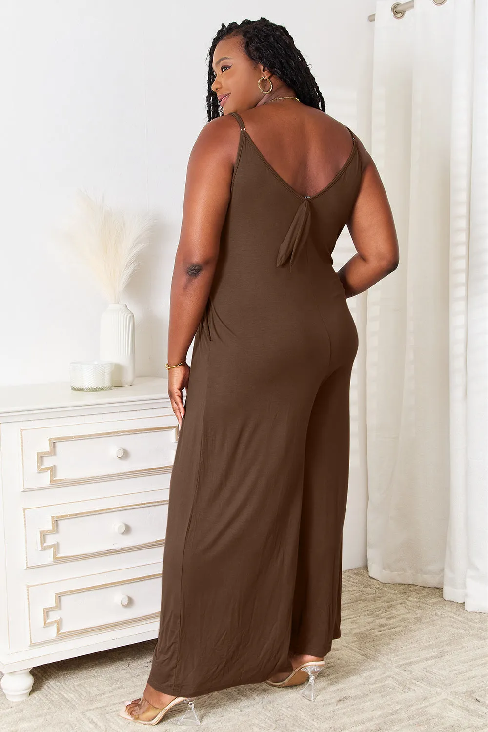 Strap & Style: Effortlessly Elegant Wide-Leg Jumpsuit, Full Size Soft Rayon Spaghetti Strap Tied Wide Leg Jumpsuit