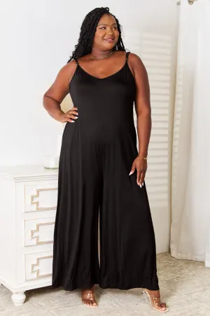 Strap & Style: Effortlessly Elegant Wide-Leg Jumpsuit, Full Size Soft Rayon Spaghetti Strap Tied Wide Leg Jumpsuit