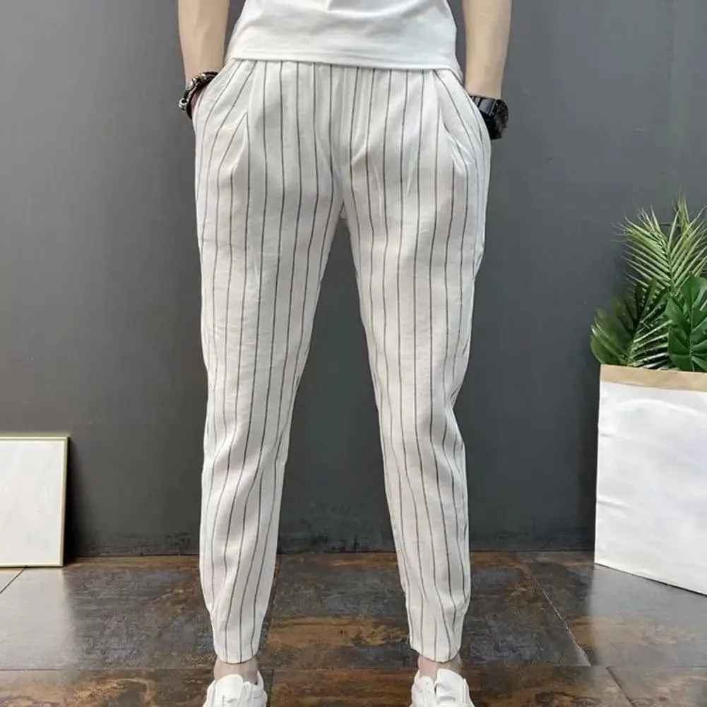 Striped Drawstring Harem Pants: Men's Slim Fit Elastic Waist Trousers with Ankle Tie