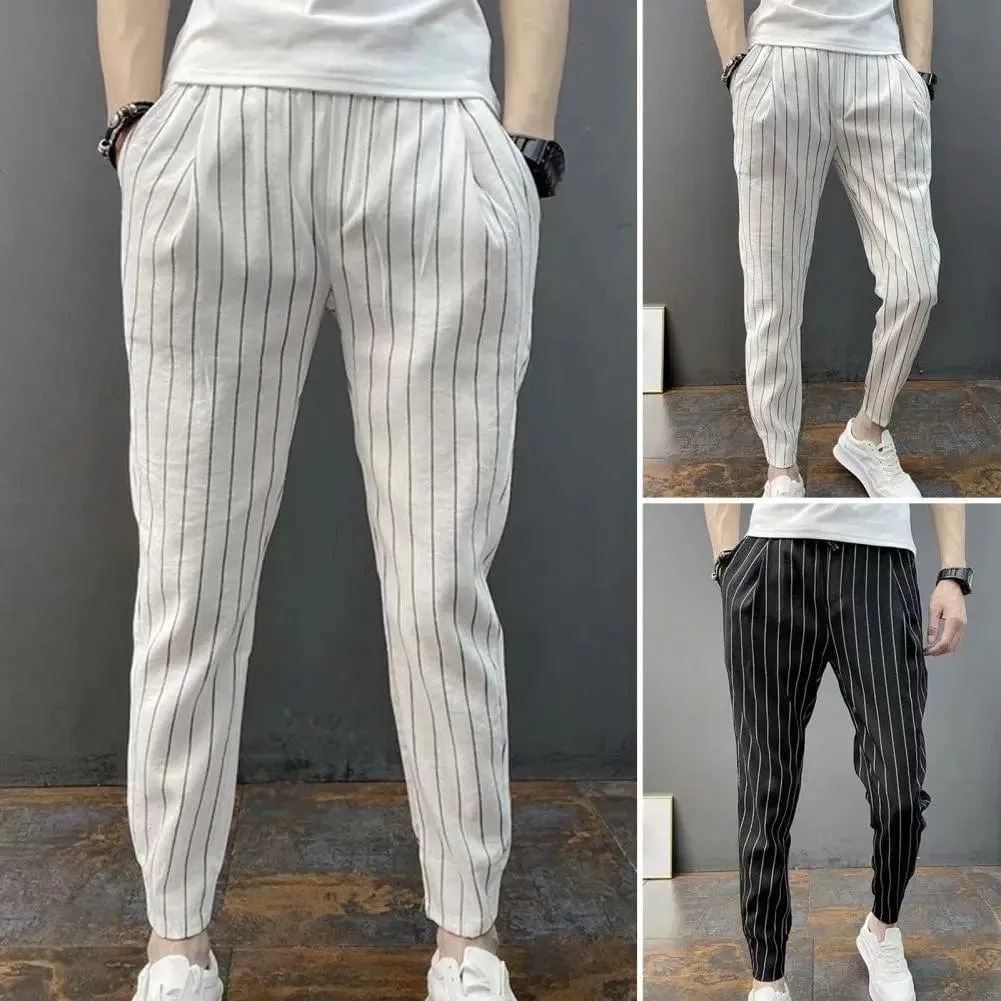 Striped Drawstring Harem Pants: Men's Slim Fit Elastic Waist Trousers with Ankle Tie