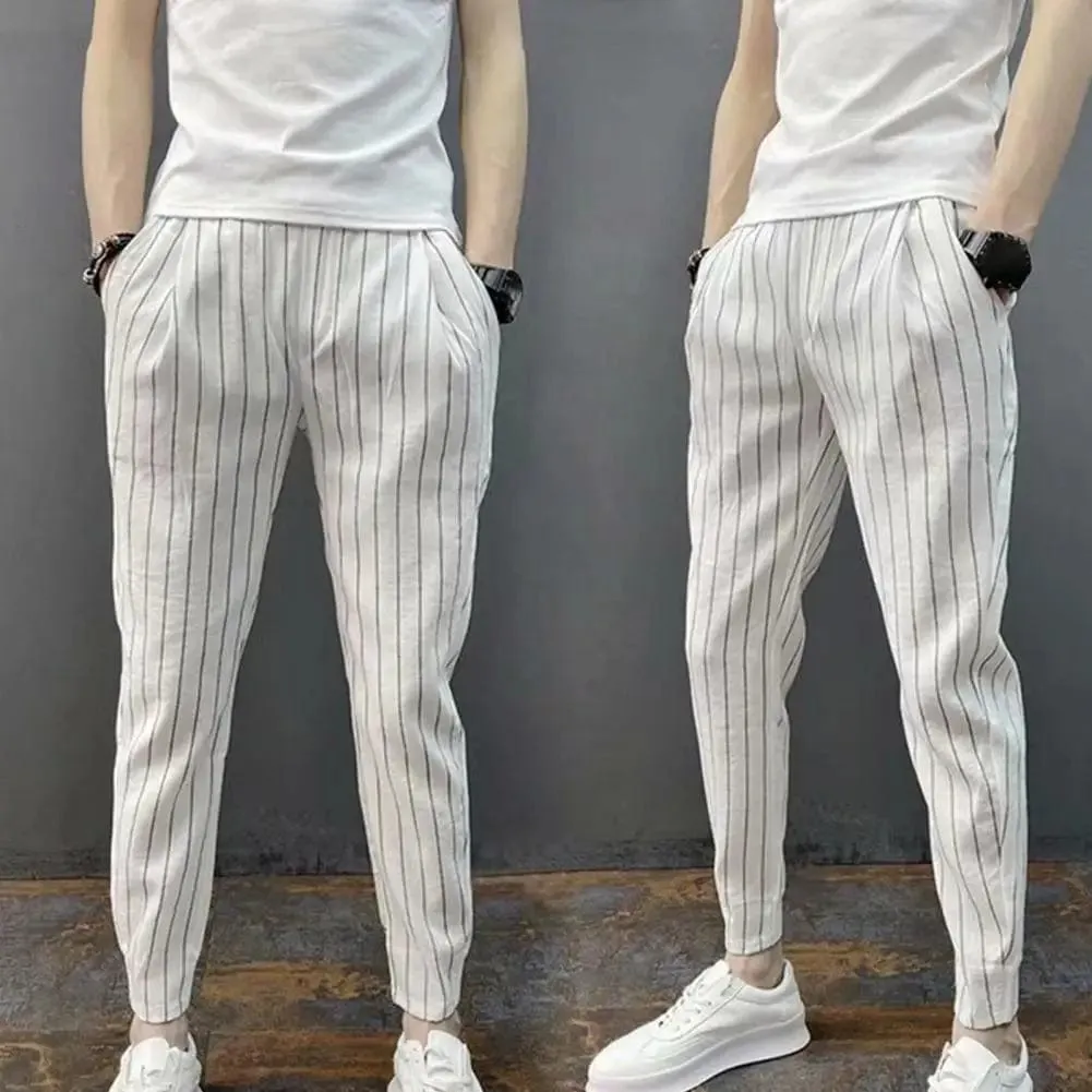 Striped Drawstring Harem Pants: Men's Slim Fit Elastic Waist Trousers with Ankle Tie