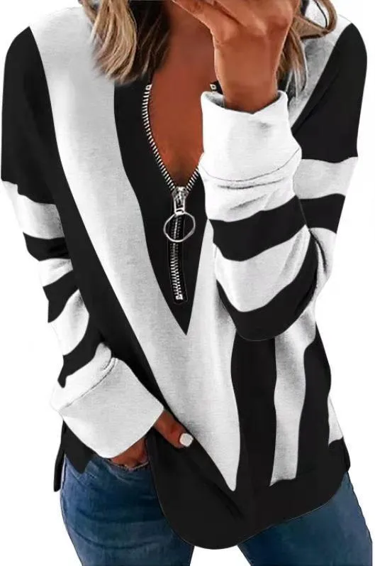 Temperament chest zipper V-shaped strip printing long-sleeved T-shirt