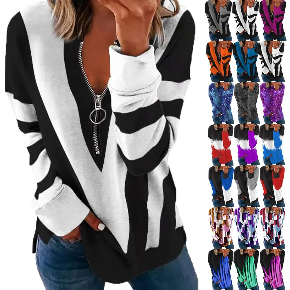 Temperament chest zipper V-shaped strip printing long-sleeved T-shirt