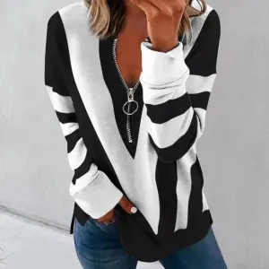 Temperament chest zipper V-shaped strip printing long-sleeved T-shirt