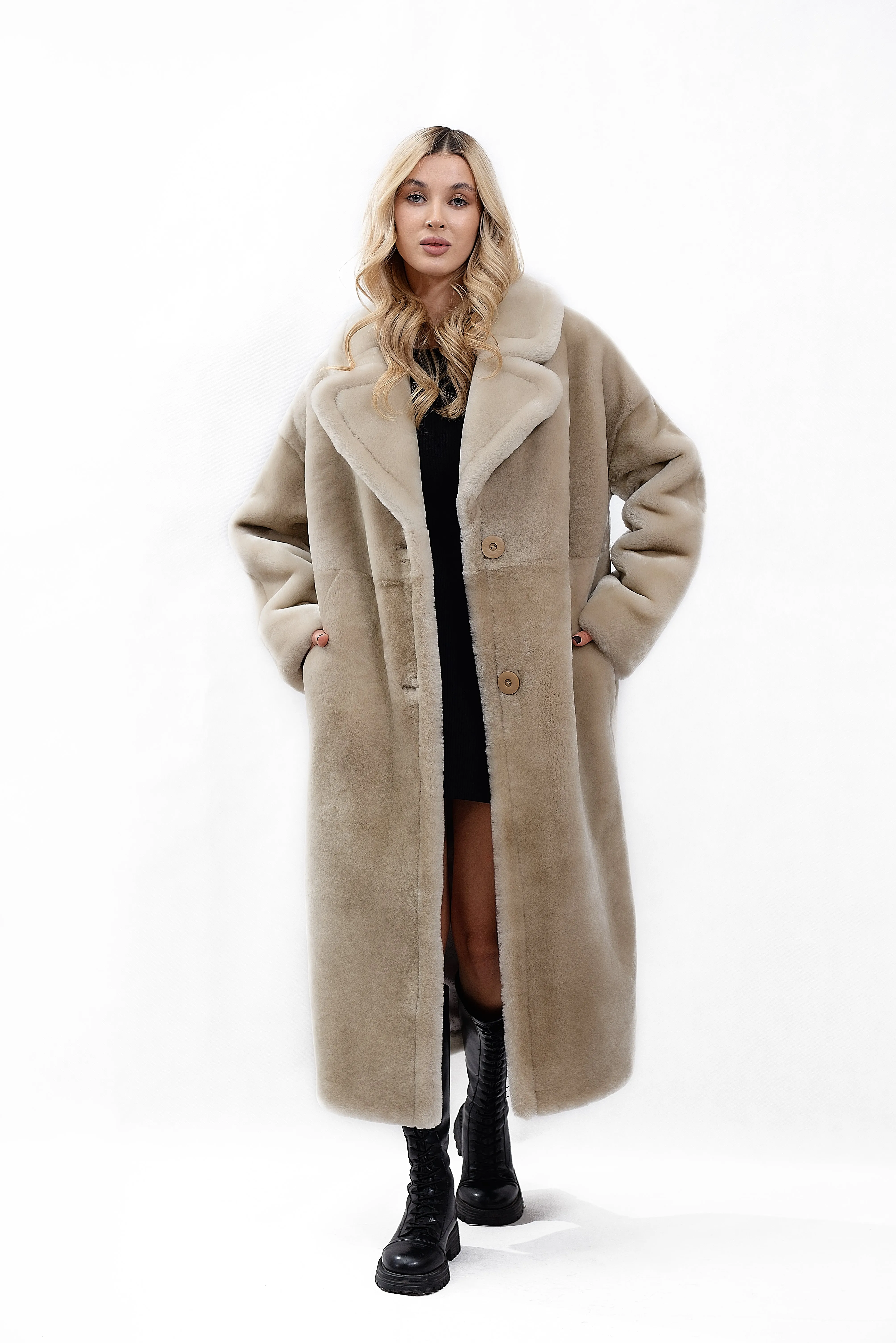 Women's Coat Made of Natural Mouton Fur, Gold