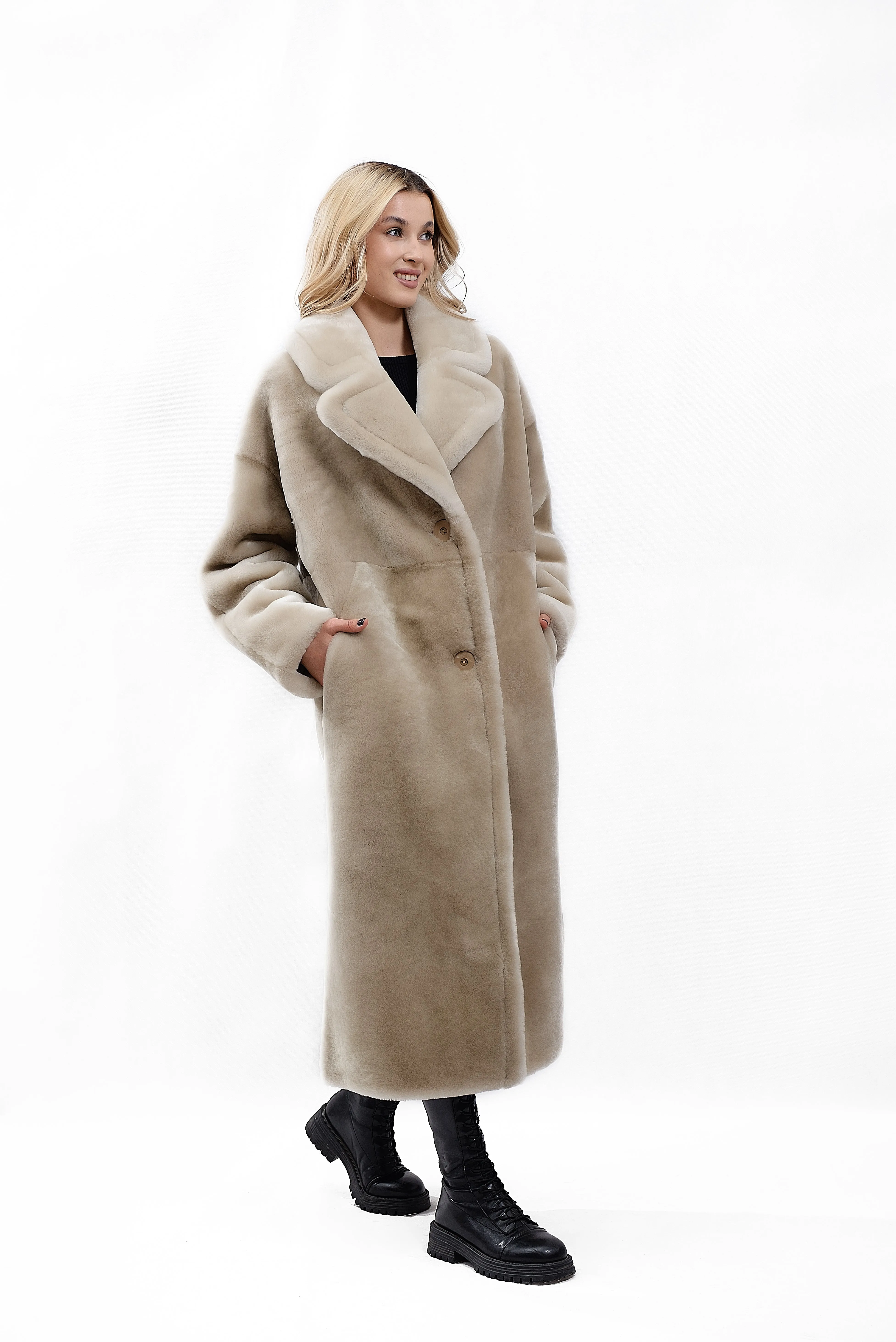 Women's Coat Made of Natural Mouton Fur, Gold